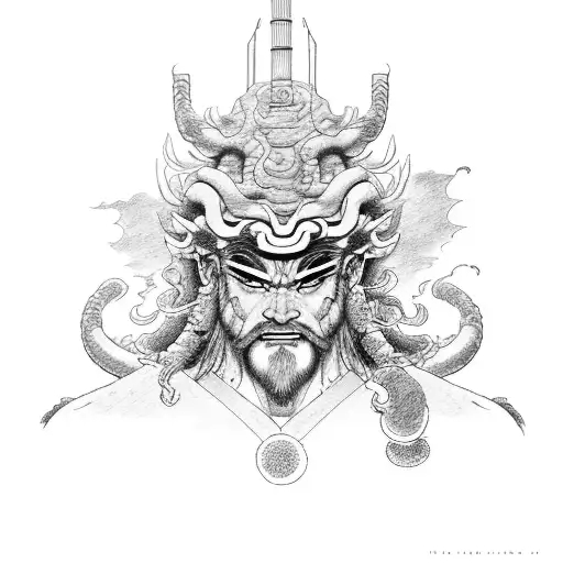 A portrait of Raijin and Fujin, the Japanese gods of thunder and wind tattoo design idea