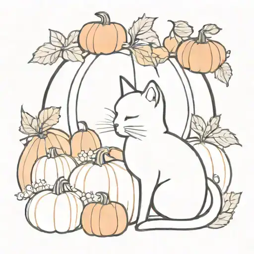 cat surrounded by pumpkin patch tattoo design idea