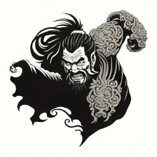 Ashura, 3 heads, 6 arms, warrior battling tattoo design idea