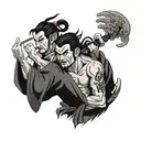 Ashura, 3 heads, 6 arms, warrior battling tattoo design idea