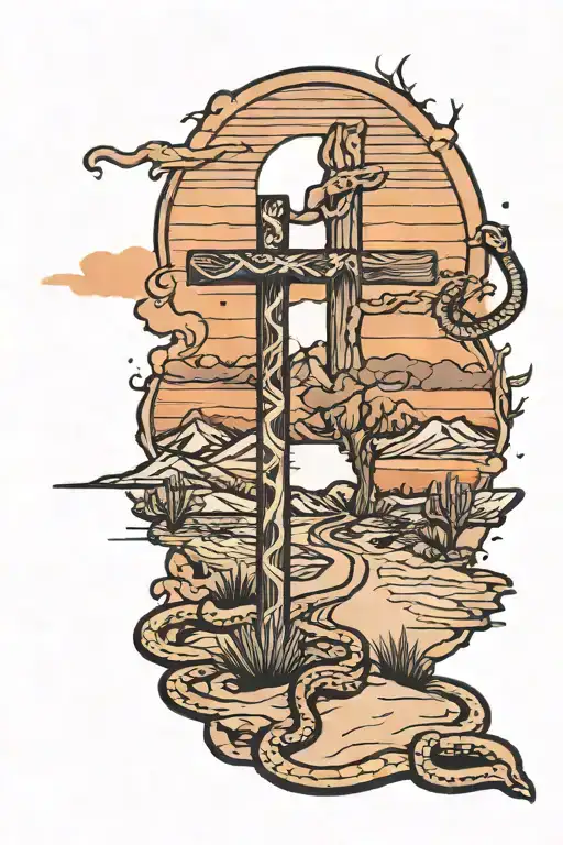Desert road leading to mountains with a sunset behind them with a rustic cross in the foreground and a snake in the road tattoo design idea