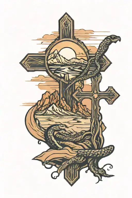 Desert road leading to mountains with a sunset behind them with a rustic cross in the foreground and a snake wrapping ar tattoo design idea