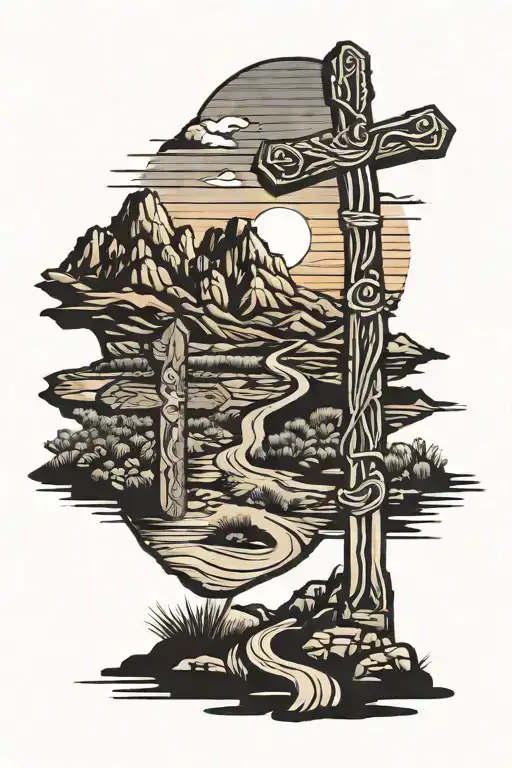 Desert road leading to mountains with a sunset behind them with a rustic cross in the foreground and a snake in the road tattoo design idea