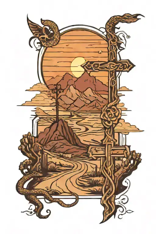 Desert road leading to mountains with a sunset behind them with a rustic cross in the foreground and a snake in the road tattoo design idea