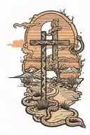Desert road leading to mountains with a sunset behind them with a rustic cross in the foreground and a snake in the road tattoo design idea
