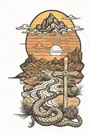 Desert road leading to mountains with a sunset behind them with a rustic cross in the foreground and a snake in the road tattoo design idea