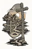 Desert road leading to mountains with a sunset behind them with a rustic cross in the foreground and a snake in the road tattoo design idea