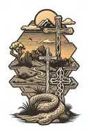 Desert road leading to mountains with a sunset behind them with a rustic cross in the foreground and a snake in the road tattoo design idea
