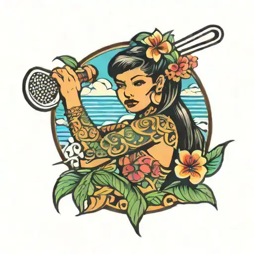 hula girl holding golf club logo tattoo design idea