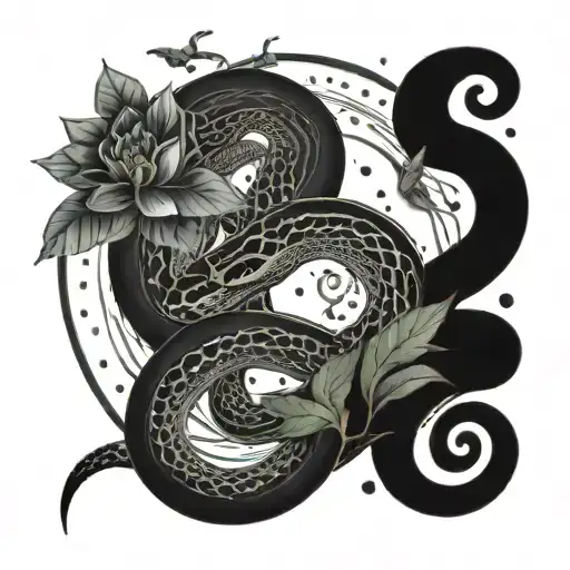 snakes twined around the crescent moons, forming a larger circle around. Wildflowers twisted and tangled all the way up  tattoo design idea