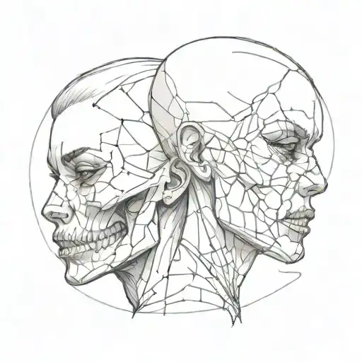 short-haired female face divided in half with the other side being a skull with cracked features. tattoo design idea