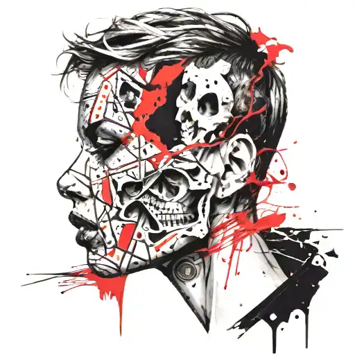 female face with short hair, the face divided in half, the left part is normal and the right part is a skull tattoo design idea