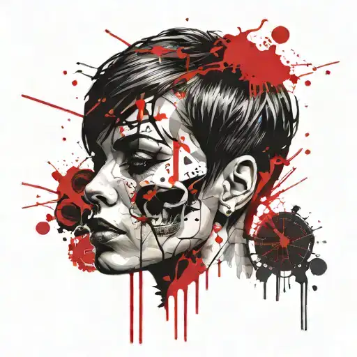 female face with short hair, half normal and the other half a skull tattoo design idea