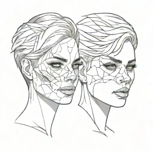 female face with short hair, the face divided in half, the left part is normal and the right part is a skull tattoo design idea
