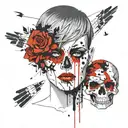 female face with short hair divided in half and on the other side a skull tattoo design idea