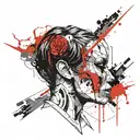 female face with short hair divided in half and on the other side a skull tattoo design idea