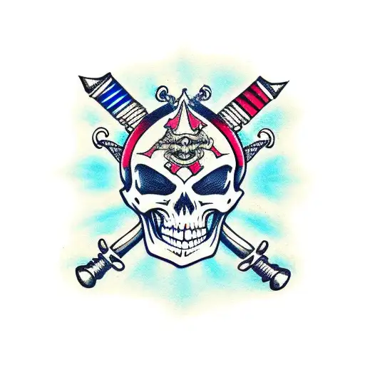 A waist-deep hooded skeleton holds two crossed swords above his head tattoo design idea