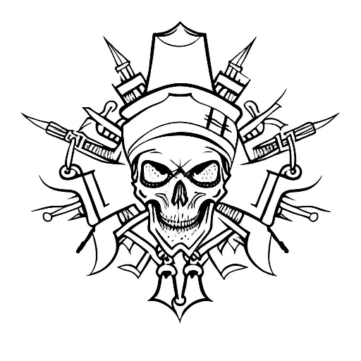 A hooded skeleton holds two crossed swords above his head tattoo design idea