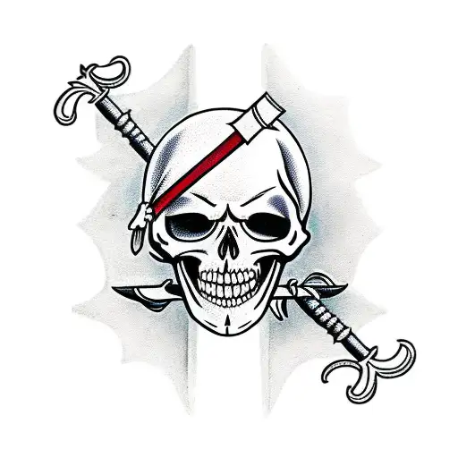 A hooded skeleton holds two crossed swords above his head tattoo design idea