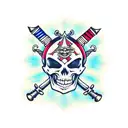 A waist-deep hooded skeleton holds two crossed swords above his head tattoo design idea