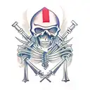 A waist-deep hooded skeleton holds two crossed swords above his head tattoo design idea