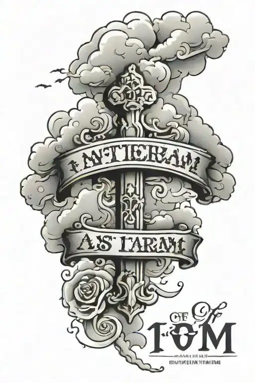sleeve with "1 of 1" text, three crosses of amsterdam, clouds tattoo design idea