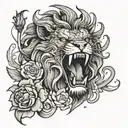 Angry Lion Face with dragon surrounded by him,  Lotus flower petals flying in the air tattoo design idea