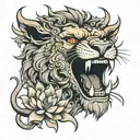 Angry Lion Face with dragon surrounded by him,  Lotus flower petals flying in the air tattoo design idea