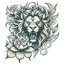 Angry Lion Face with dragon surrounded by him,  Lotus flower petals flying in the air tattoo design idea
