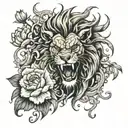 Angry Lion Face with dragon surrounded by him,  Lotus flower petals flying in the air tattoo design idea