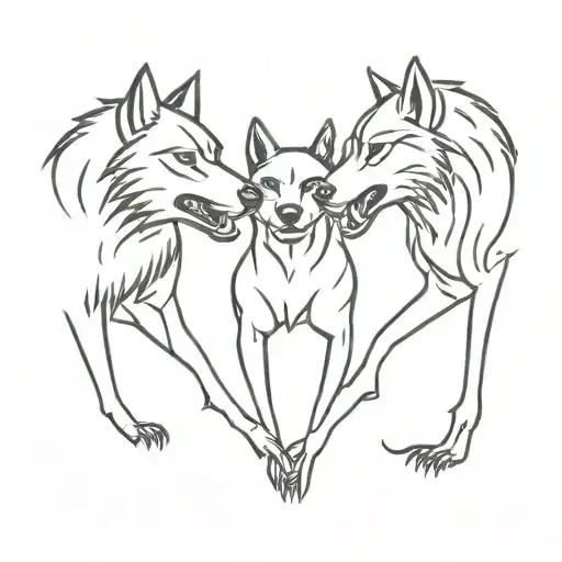 3 black wolves with open teeth holding a human heart tattoo design idea