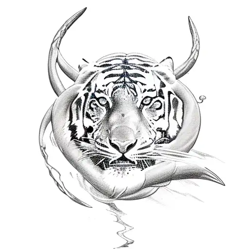 A sketch of Poseidon's trident intertwined with a tiger, symbolizing the harmony between water and nature's fierce beauty tattoo design idea