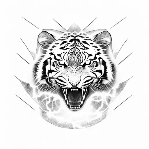A fierce tiger with lightning bolts emanating from its eyes, representing the power of Zeus tattoo design idea