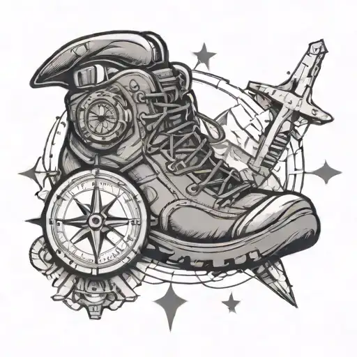 A compass rose tattoo with hiking boots and a construction helmet incorporated tattoo design idea
