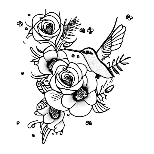 hummingbird with forgetmenots and roses tattoo design idea