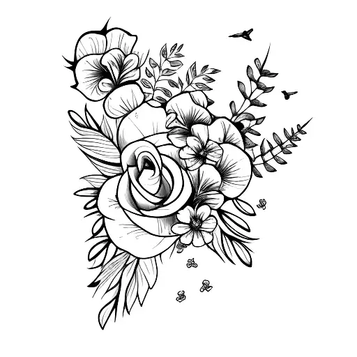 hummingbird with forgetmenots and roses tattoo design idea