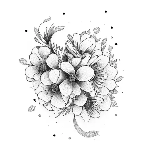 A motherly figure surrounded by May and July birth flowers tattoo design idea