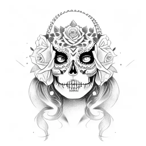 La Catrina blonde long hair with beautiful eyes, roses in hand and an old watch  tattoo design idea