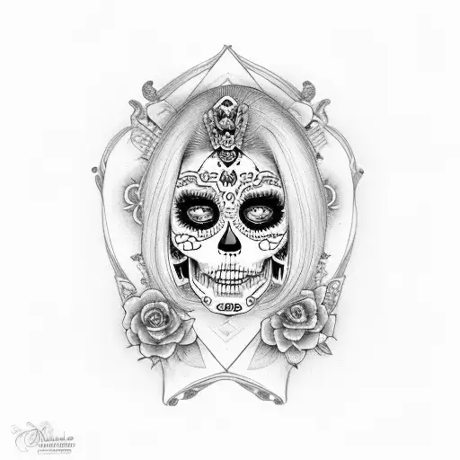 La Catrina blonde long hair with beautiful eyes and an old watch  tattoo design idea