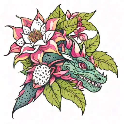 dragonfruit plant with fruit and dragon face and plumeria flowers tattoo design idea