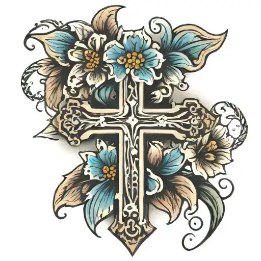 Cross with 3 flowers  tattoo design idea