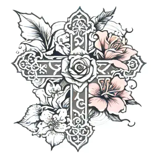 Cross with rose, cherry blossom, and a lily  tattoo design idea