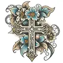 Cross with 3 flowers  tattoo design idea