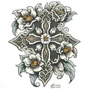 Cross with 3 flowers  tattoo design idea