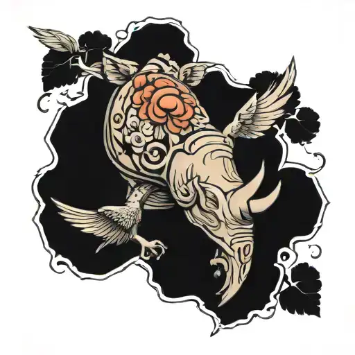 sleeve tattoo containing a rhino and an owl flying tattoo design idea