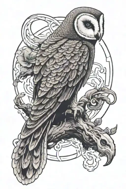 King cobra and Barn Owl with bloodborne hunter's mark tattoo design idea