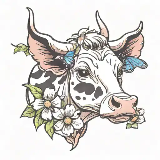 cartoon cow eating flowers with a butterfly on her nose tattoo design idea