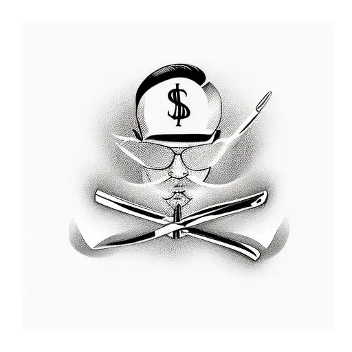 An elegant design featuring a barber pole intertwined with dollar signs and a small portrait of your son tattoo design idea