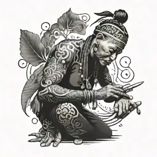 A young shaman is conjuring tattoo design idea