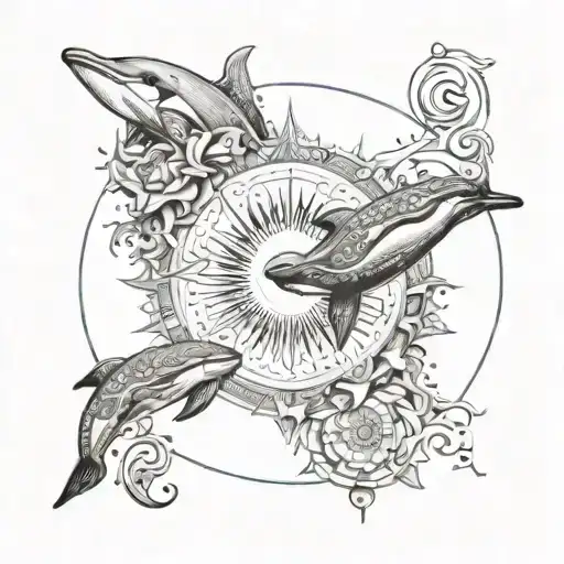 A mandala design incorporating elements of the sun, water, dolphin, and seashell, representing balance and harmony tattoo design idea